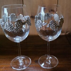 Two Vintage SEAGULL PEWTER Wine Glasses With Grape Embellishments All Around.